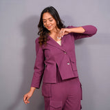 Right View of a Model wearing Grape Wine Warm Cotton Flannel Hoodie Blazer