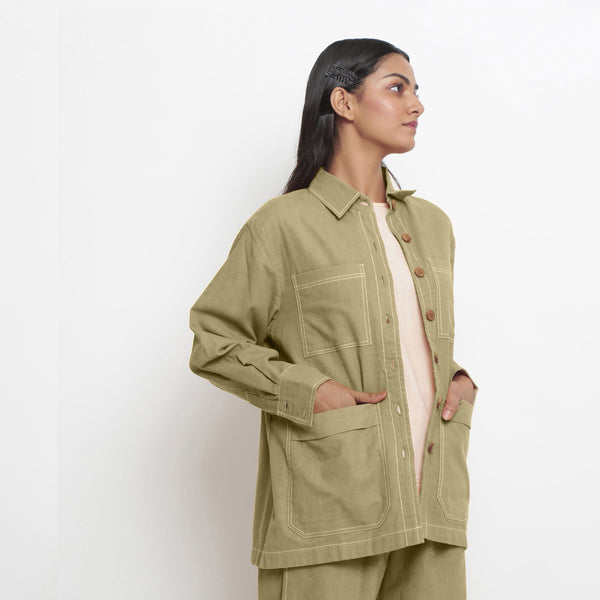 Right View of a Model wearing Green 100% Cotton Button-Down Outerwear