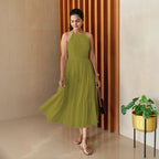 Green 100% Cotton Halter Neck Tier Midi Dress
