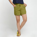 Front View of a Model wearing Green 100% Cotton Low-Rise Short Shorts