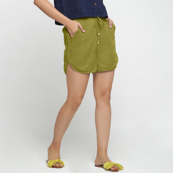 Right View of a Model wearing Green 100% Cotton Low-Rise Short Shorts