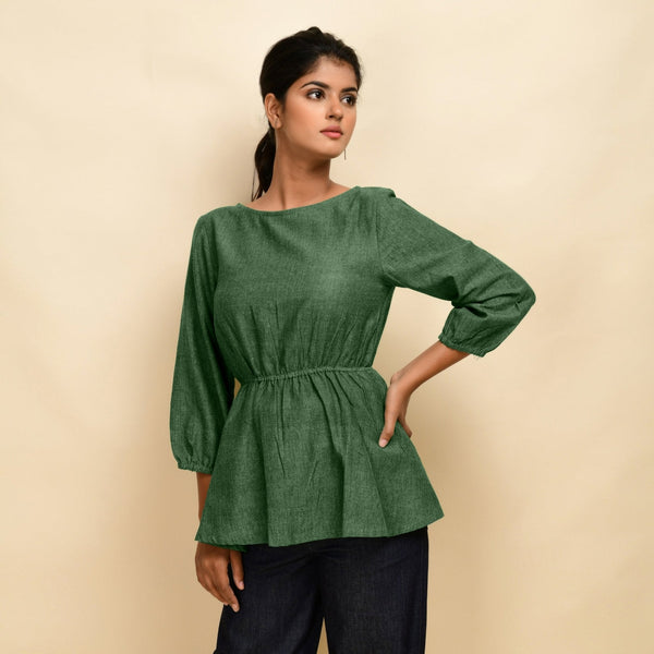 Green 100% Cotton Round Neck Peplum Top