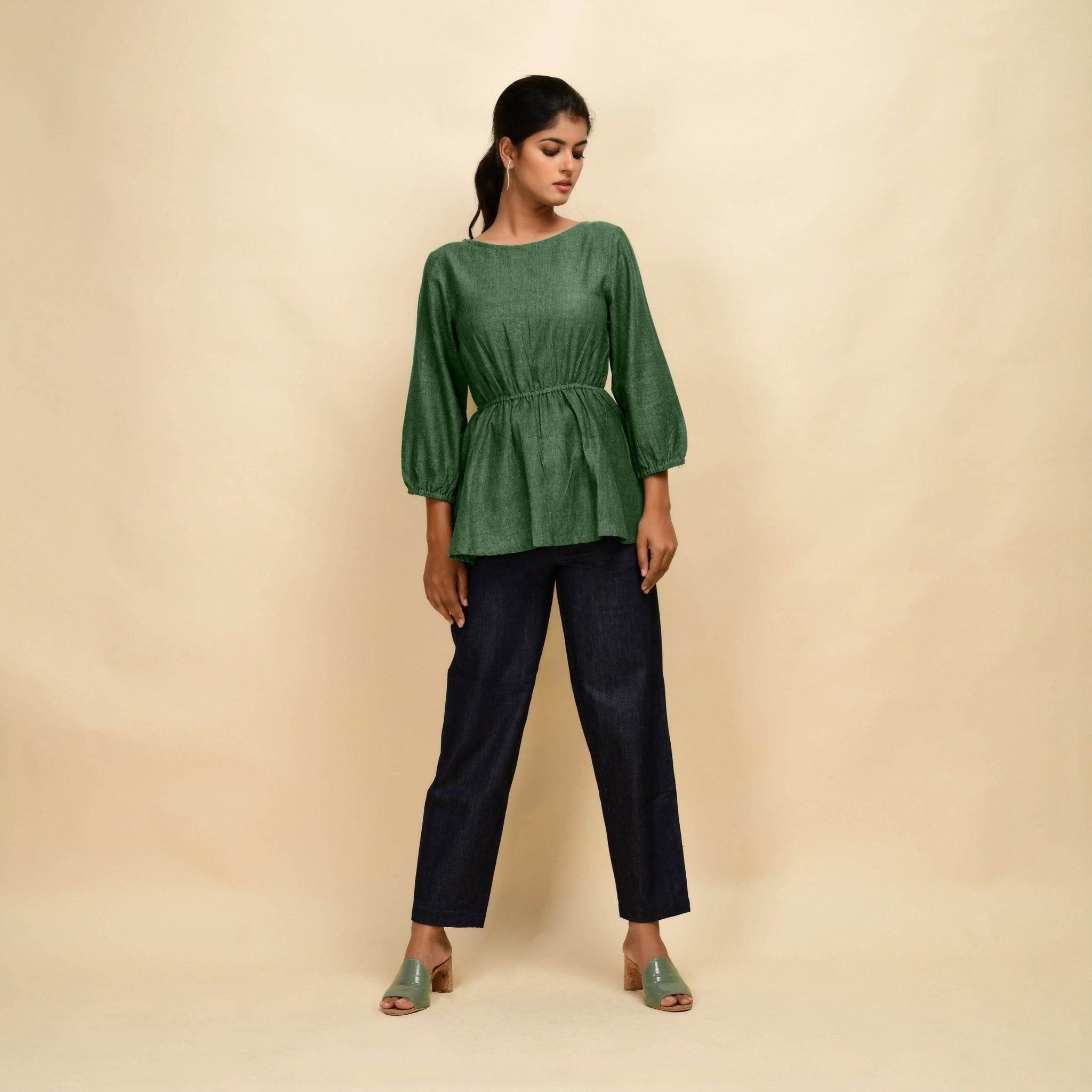 Green 100% Cotton Round Neck Peplum Top