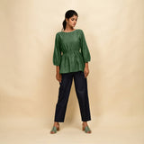 Green 100% Cotton Round Neck Peplum Top