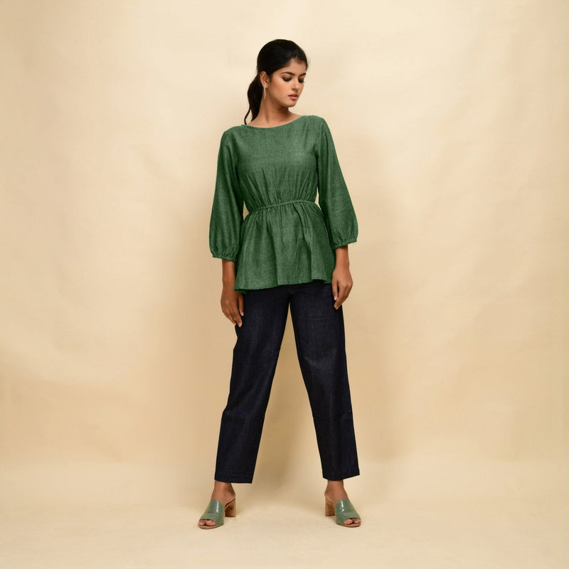 Green 100% Cotton Round Neck Peplum Top