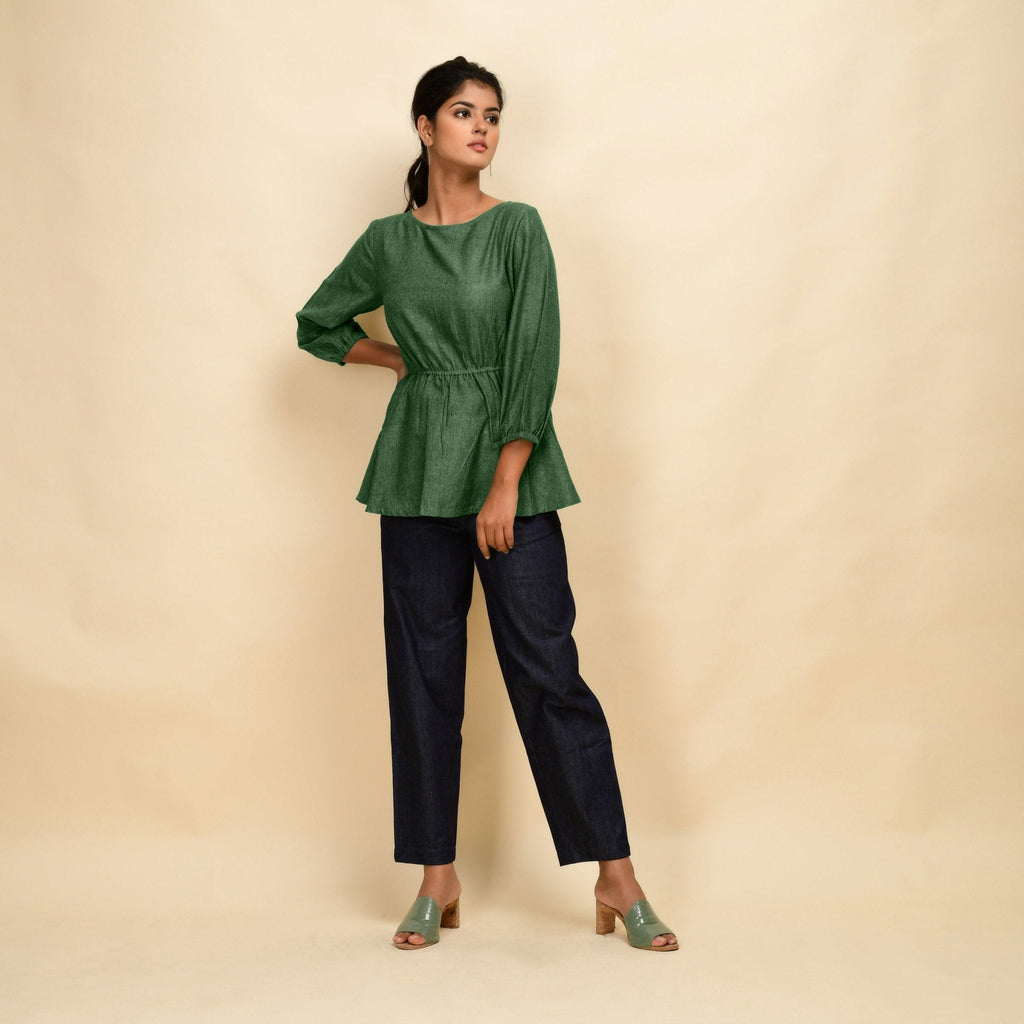 Green 100% Cotton Round Neck Peplum Top