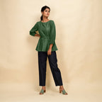 Green 100% Cotton Round Neck Peplum Top