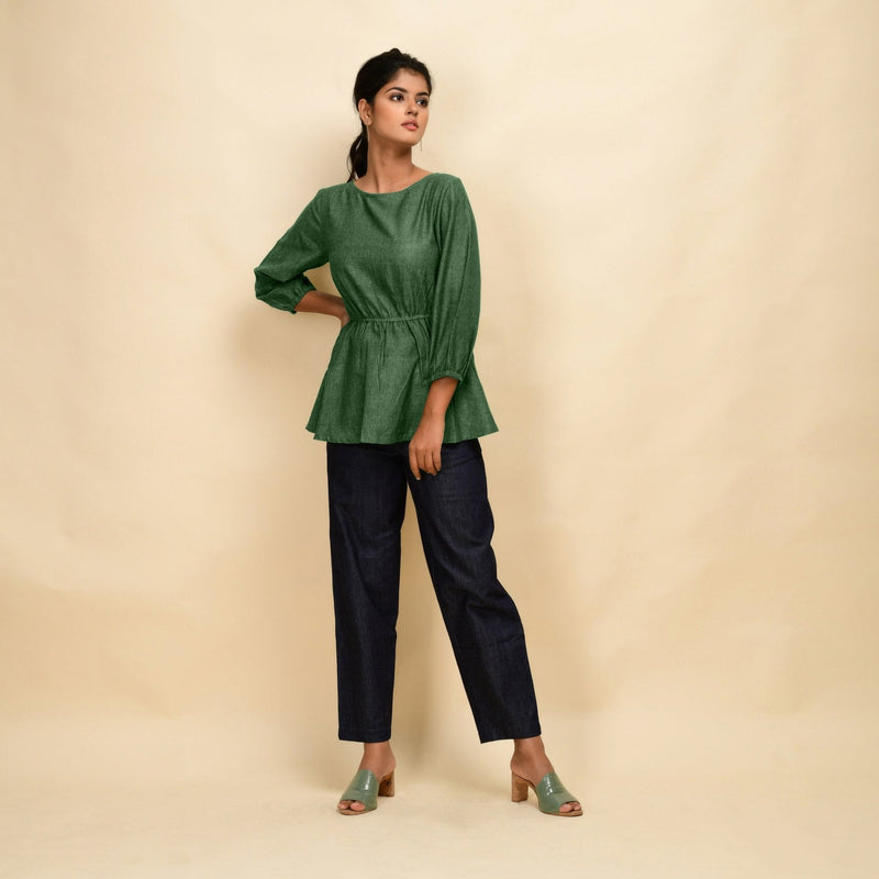 Green 100% Cotton Round Neck Peplum Top