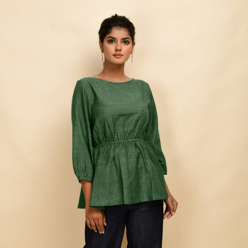 Green 100% Cotton Round Neck Peplum Top
