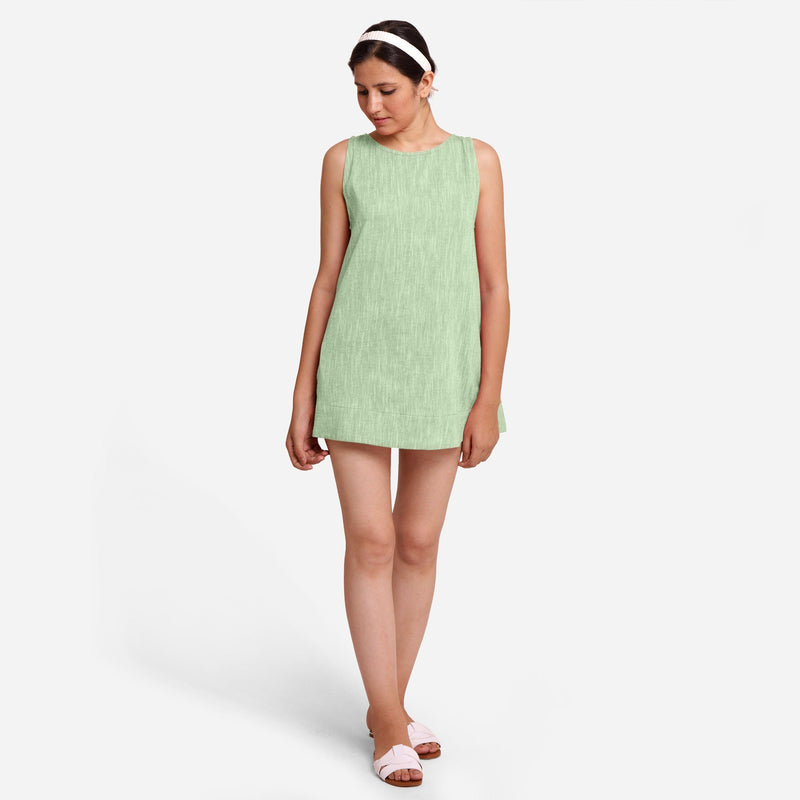 Front View of a Model wearing Green 100% Cotton Sleeveless Mini Tunic