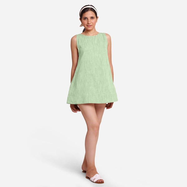 Front View of a Model wearing Green 100% Cotton Sleeveless Mini Tunic