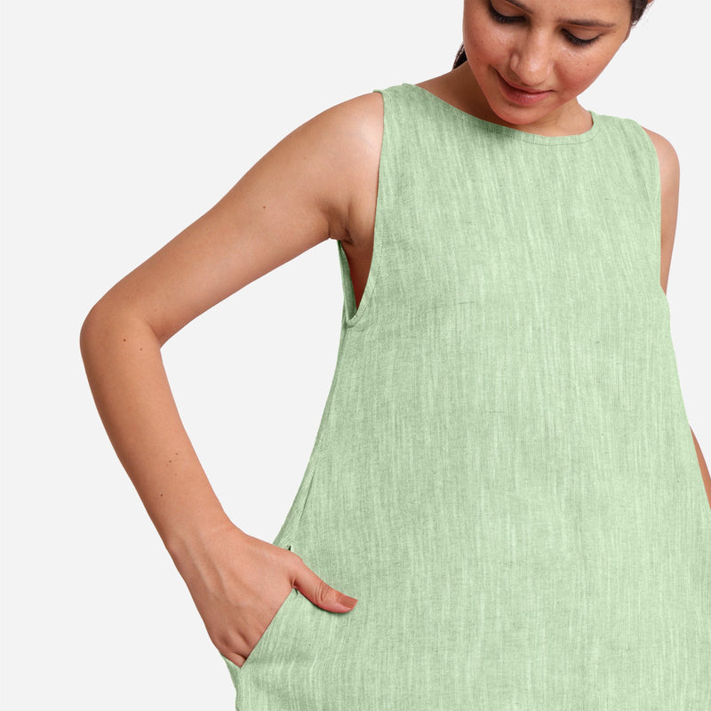 Front Detail of a Model wearing Green 100% Cotton Sleeveless Mini Tunic