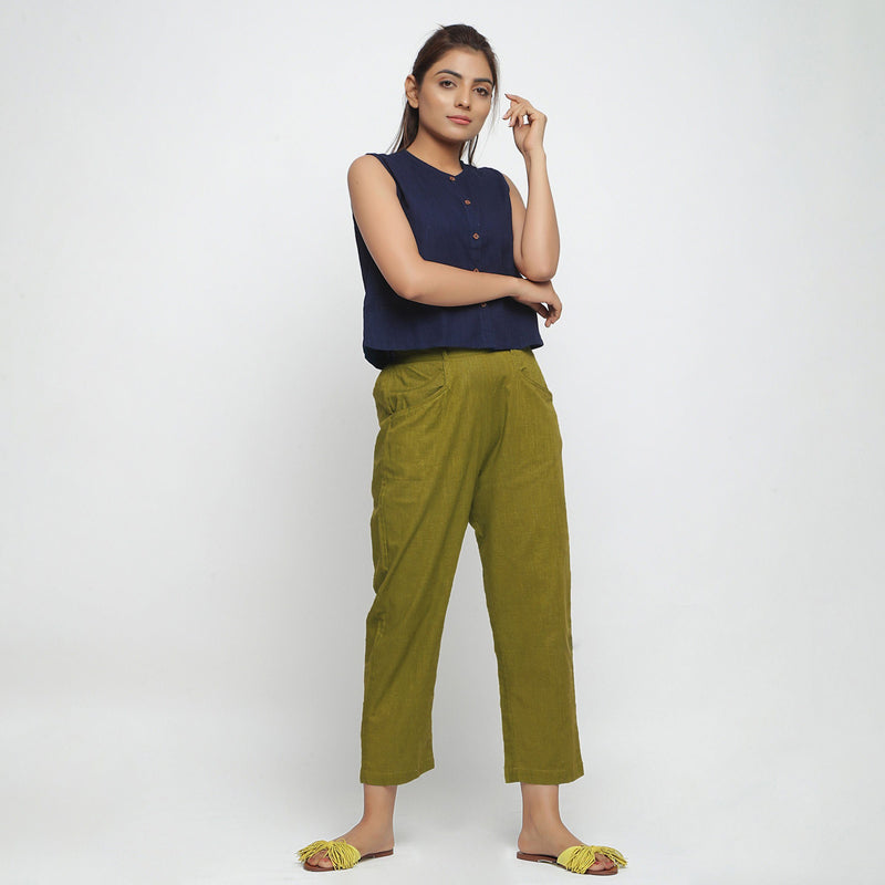 Front View of a Model wearing Green Ankle Length Mid-Rise Chinos