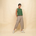Right View of a Model wearing Green Corduroy Button-Down Short Top