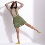 Front View of a Model wearing Green Cotton Corduroy Short Dungaree
