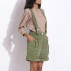 Right Detail of a Model wearing Green Cotton Corduroy Short Dungaree