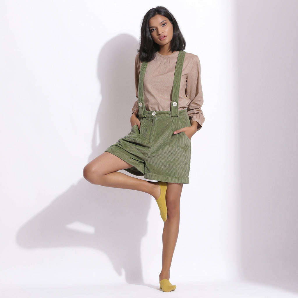 Front View of a Model wearing Green Cotton Corduroy Short Dungaree