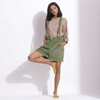 Front View of a Model wearing Green Cotton Corduroy Short Dungaree