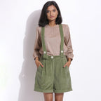Front View of a Model wearing Green Cotton Corduroy Short Dungaree
