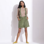 Front View of a Model wearing Green Cotton Corduroy Short Dungaree