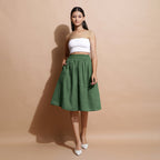 Green Cotton Flared Elasticated Knee Length Skirt
