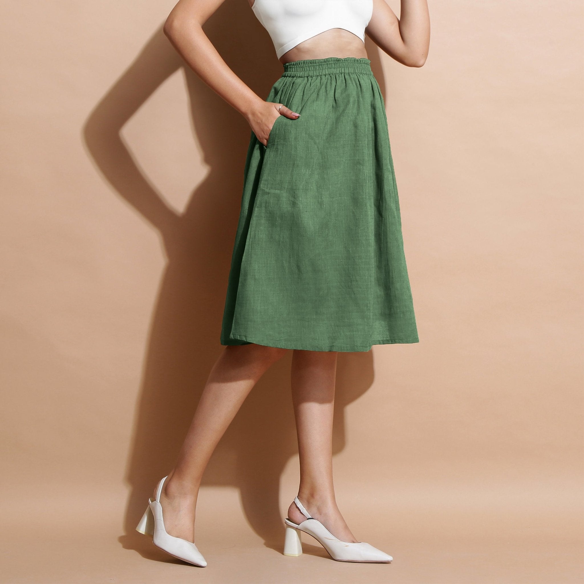 Green Cotton Flared Elasticated Knee Length Skirt