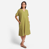 Front View of a Model wearing Green Cotton Flax Anti-Fit Dress