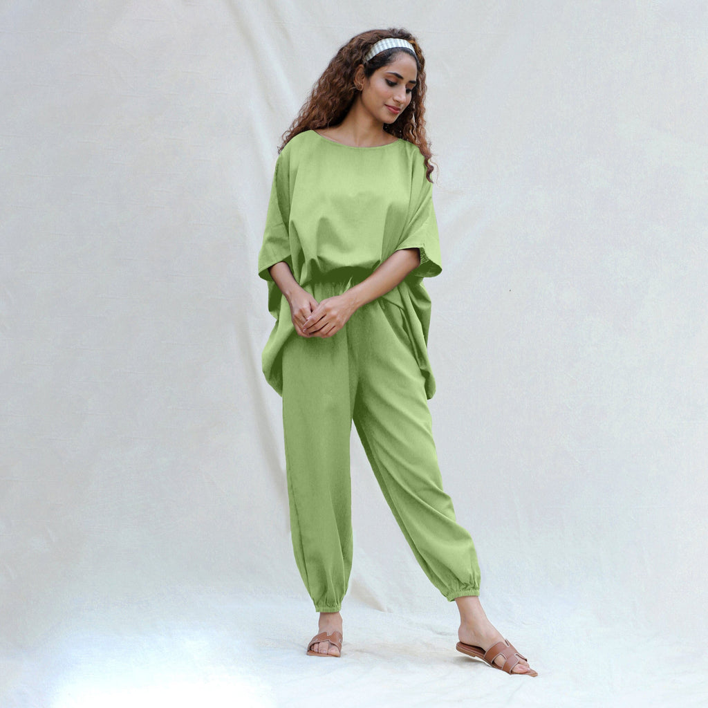 Green Cotton Flax Boat Neck Short Kaftan Top