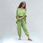 Green Cotton Flax Boat Neck Short Kaftan Top