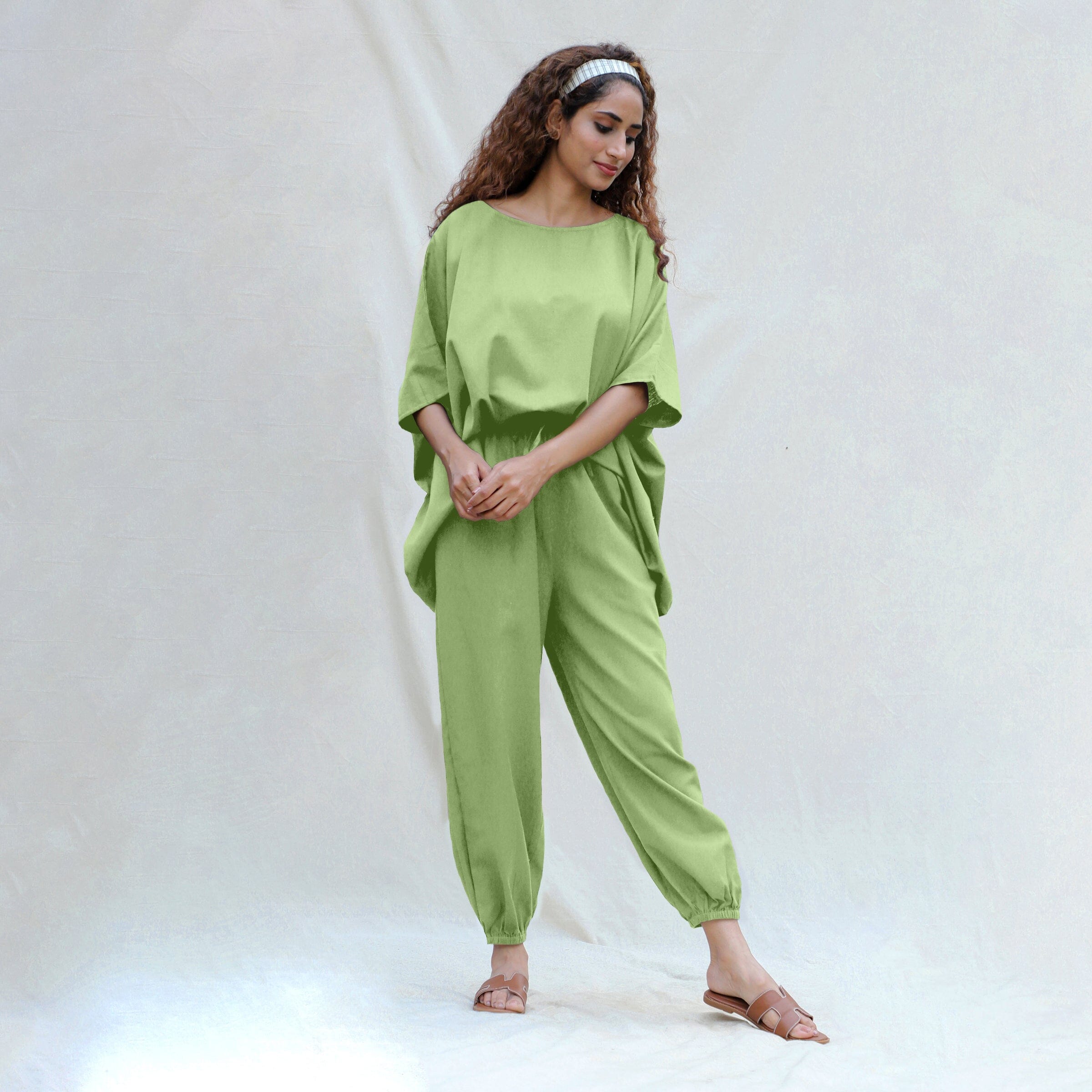 Green Cotton Flax Boat Neck Short Kaftan Top