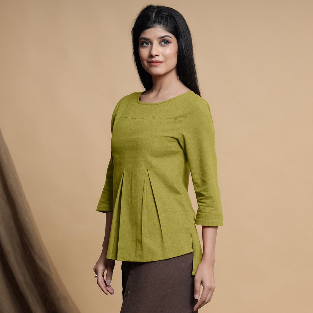 Green Cotton Flax Box-Pleated High Low Top