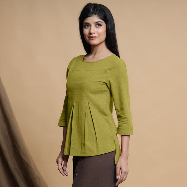 Green Cotton Flax Box-Pleated High Low Top