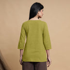 Green Cotton Flax Box-Pleated High Low Top