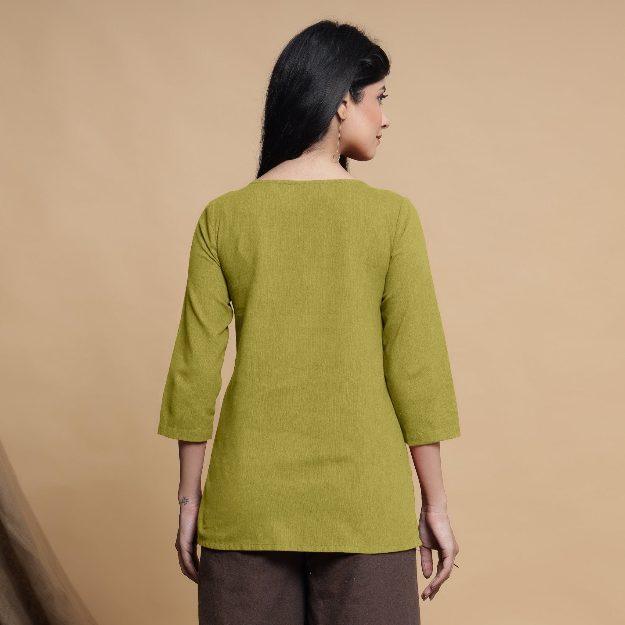 Green Cotton Flax Box-Pleated High Low Top