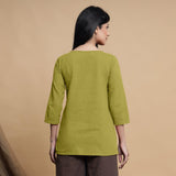 Green Cotton Flax Box-Pleated High Low Top