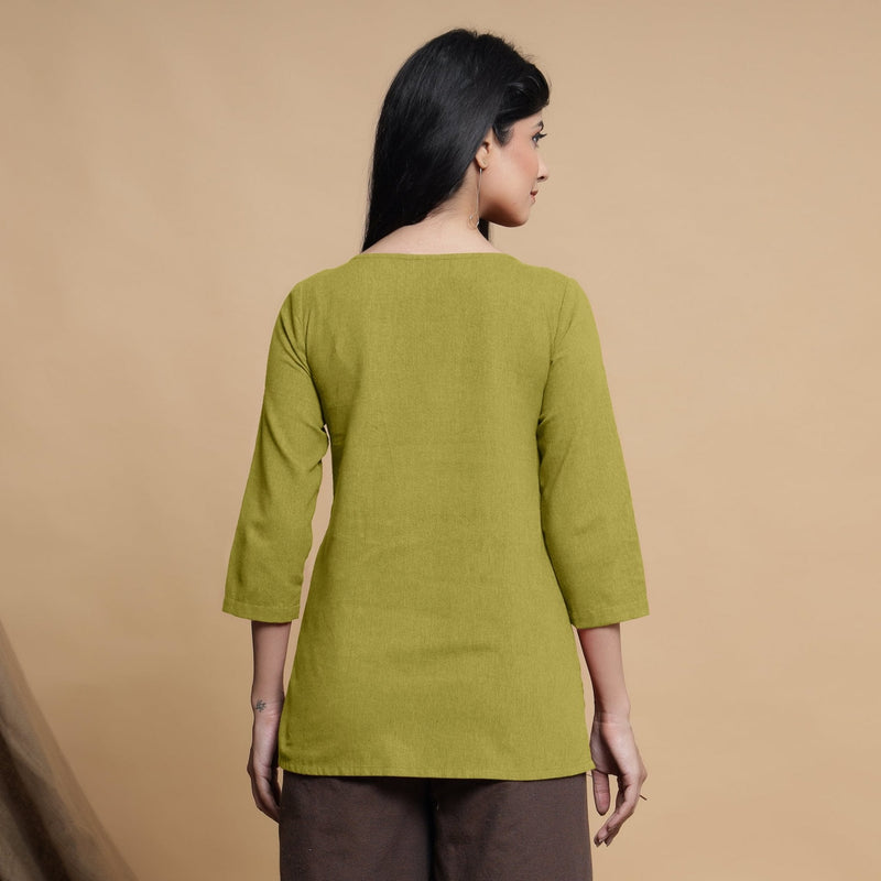 Green Cotton Flax Box-Pleated High Low Top