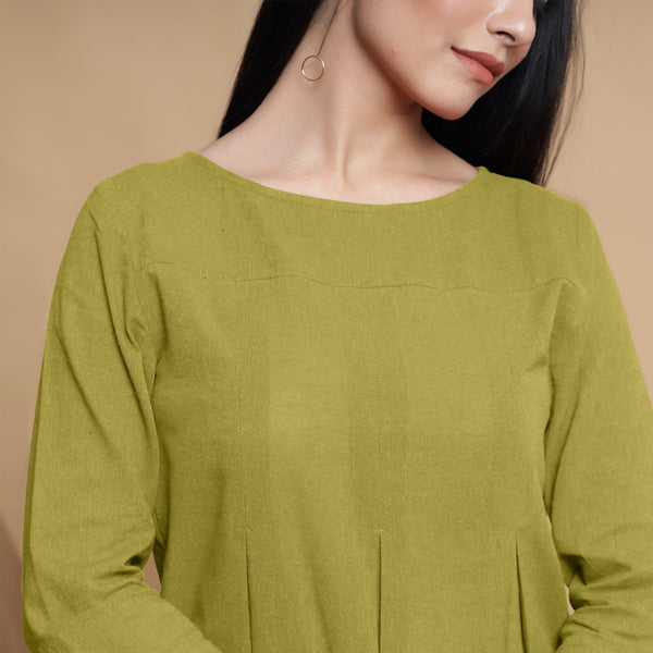 Green Cotton Flax Box-Pleated High Low Top