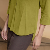 Green Cotton Flax Box-Pleated High Low Top
