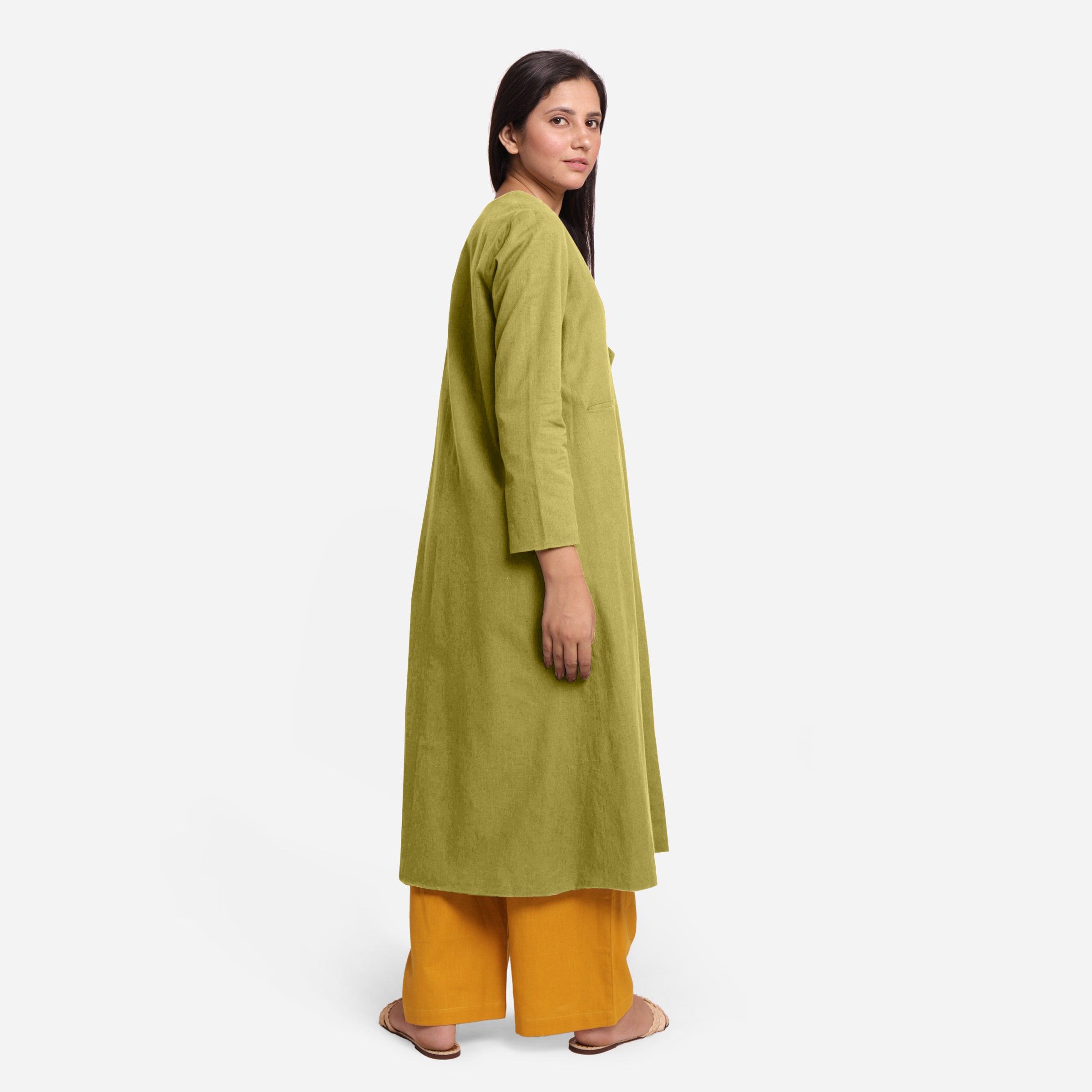 Right View of a Model wearing Green Cotton Flax Brown A-Line Jacket
