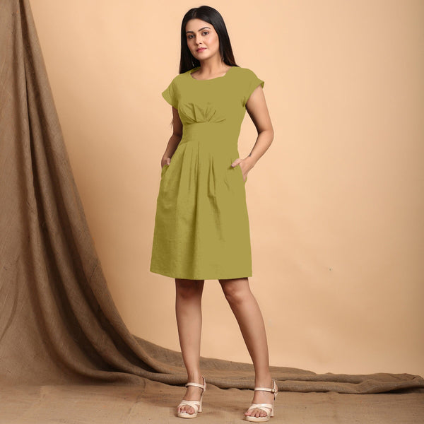 Green Cotton Flax Pleated Cap Sleeves Short Dress