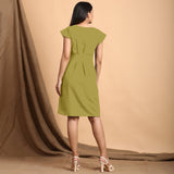 Green Cotton Flax Pleated Cap Sleeves Short Dress