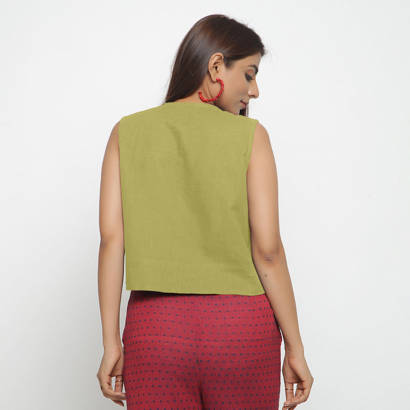 Back View of a Model wearing Green Cotton Flax Button-Down Shirt