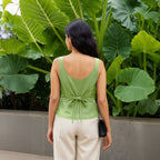 Green Cotton Flax Button-Down Sweetheart Neck Waistcoat