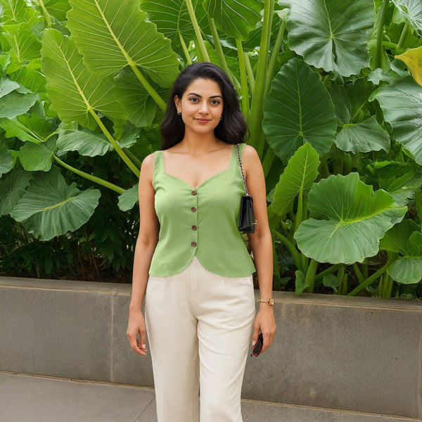 Green Cotton Flax Button-Down Sweetheart Neck Waistcoat
