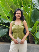 Green Cotton Flax Button-Down Waistcoat