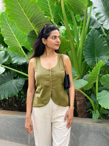 Green Cotton Flax Button-Down Waistcoat