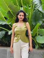 Green Cotton Flax Button-Down Waistcoat