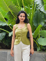 Green Cotton Flax Button-Down Waistcoat