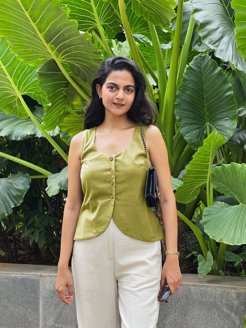 Green Cotton Flax Button-Down Waistcoat