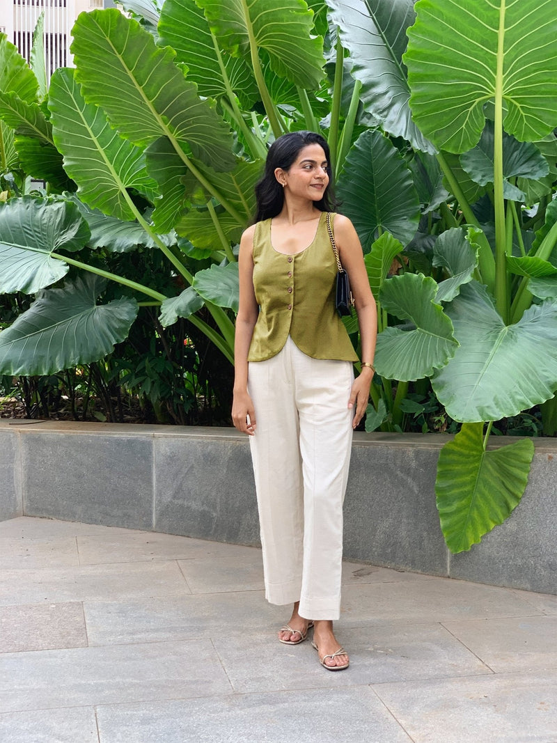 Green Cotton Flax Button-Down Waistcoat